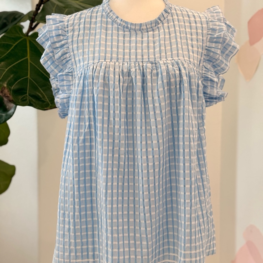 Umgee Blue and White Gingham Ruffle Sleeve Blouse